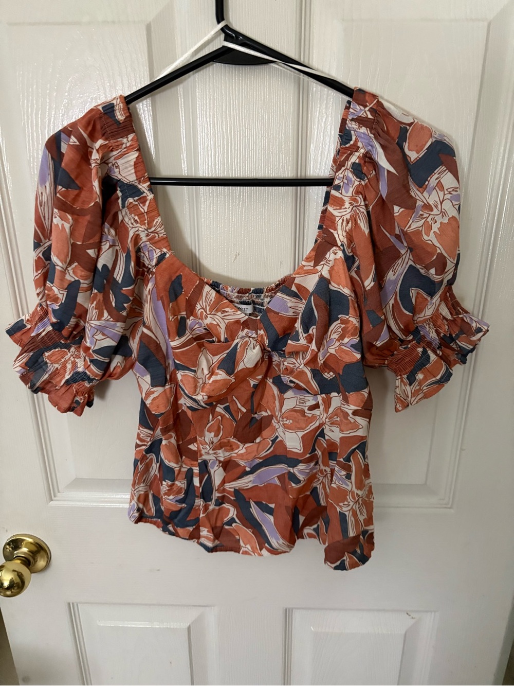 Nine West Rust Floral Puff-Sleeve Blouse with Navy and Lavender Accents